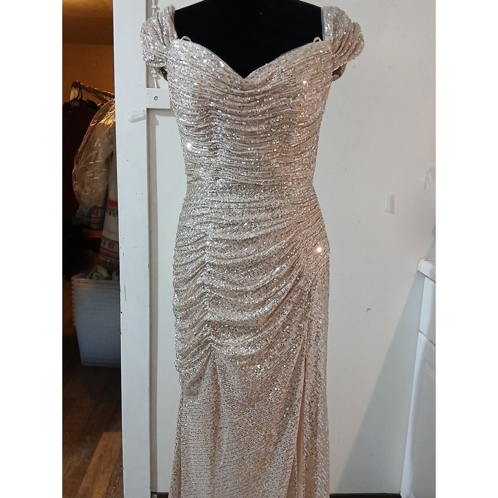 Ladivine Cinderella Divine Sequin Ruched Off Shoulder Evening Gown Champagne L